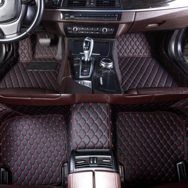 Affordable Black and Red Stitching Luxury Leather Diamond Car Floor Mats